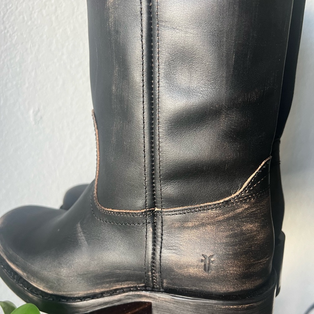 Frye Campus 14L Black Boots with Tan Leather Interior and Black Straps